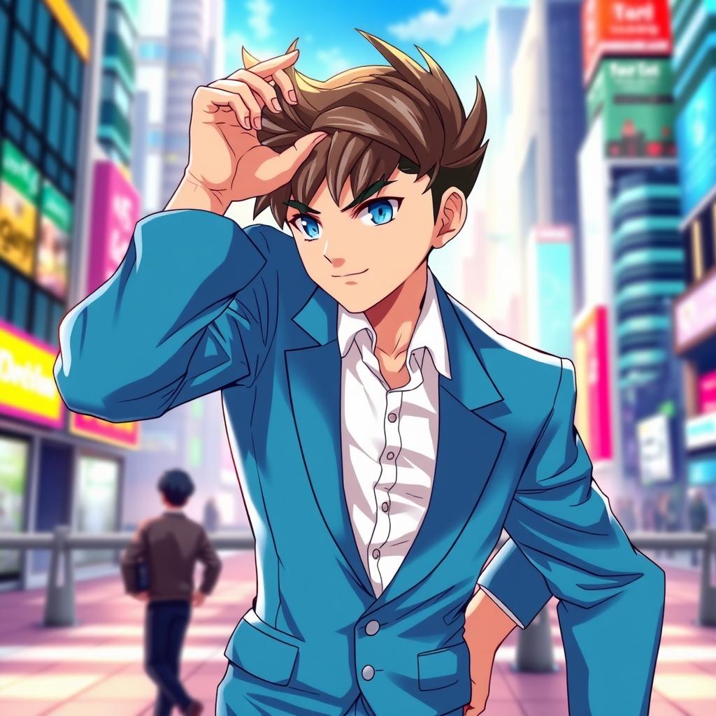 A stylish young anime character, handsome and attractive, wearing a bright blue suit