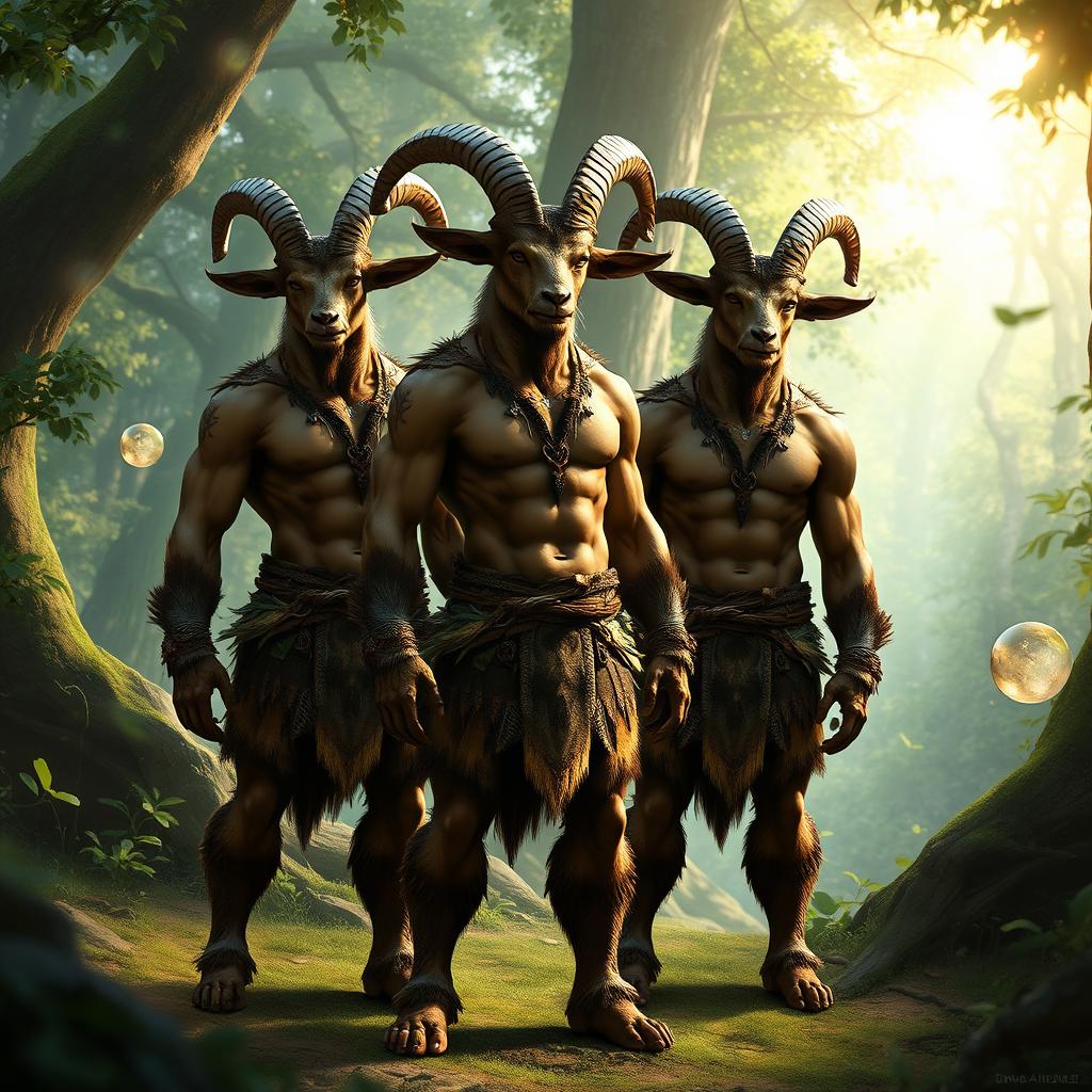 A fantastical scene featuring goat men standing proudly in a lush, enchanted forest