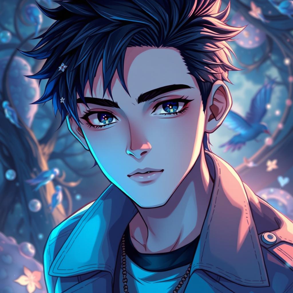 Anime-style depiction of a cool, charming young man with striking features, exuding charisma