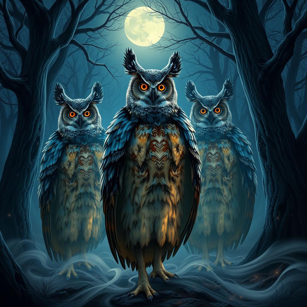 An enchanting scene depicting owl men standing gracefully amidst a twilight forest