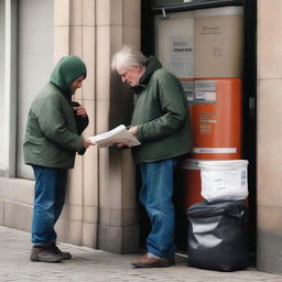 A scene depicting an Irish homeless person receiving welfare assistance at a post office.