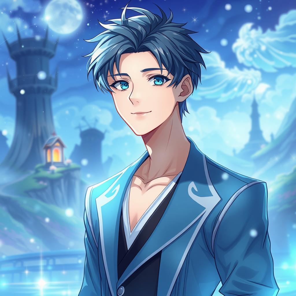 An anime fantasy scene featuring a handsome, charming young man