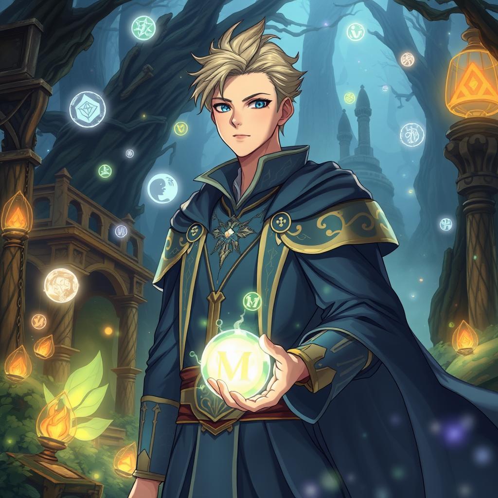 A fantasy anime scene showcasing a handsome young male wizard with magical powers