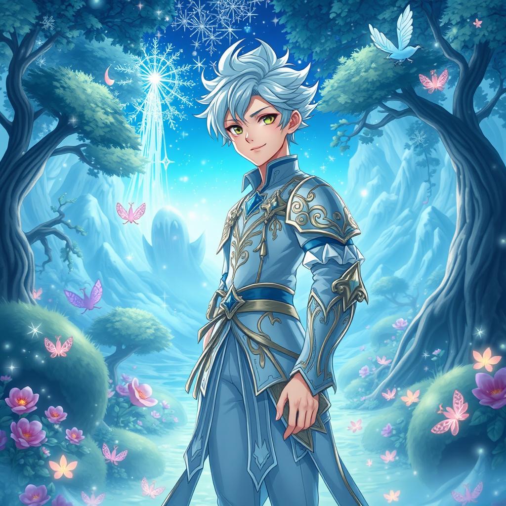 A stunning young fantasy anime character, with a handsome and charming appearance, standing tall and slender