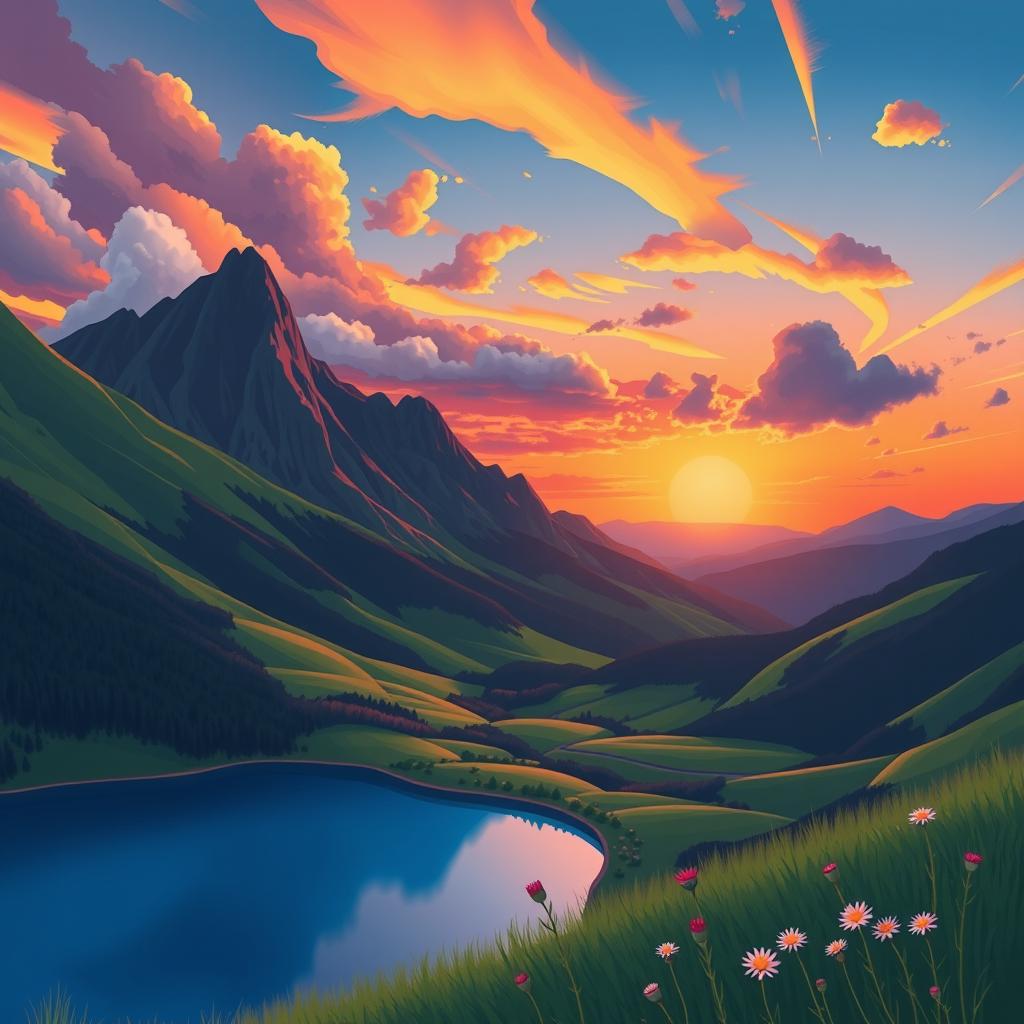 A vibrant and colorful landscape poster featuring a serene mountain range with lush green valleys and a sparkling blue lake in the foreground