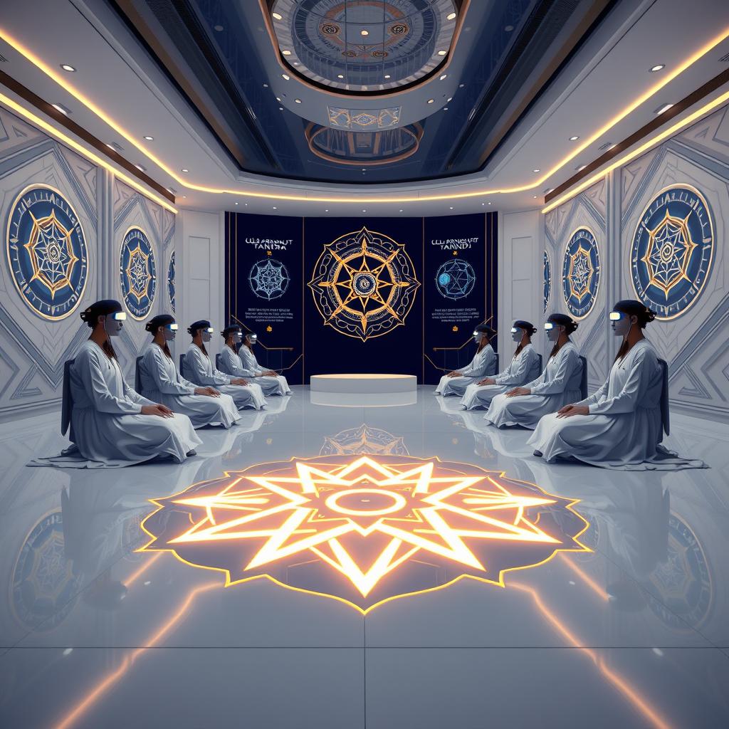 A luxurious, photorealistic 3D render of a futuristic tantra teaching room, featuring an elegant space adorned with platinum white, indigo, and gold tones