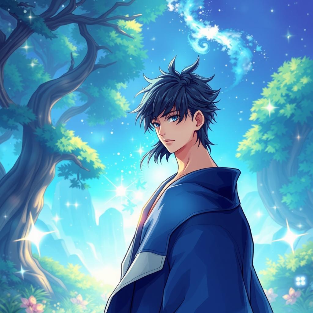 A fantasy anime illustration in the style of a manhwa, featuring a handsome, charming young man with a tall stature