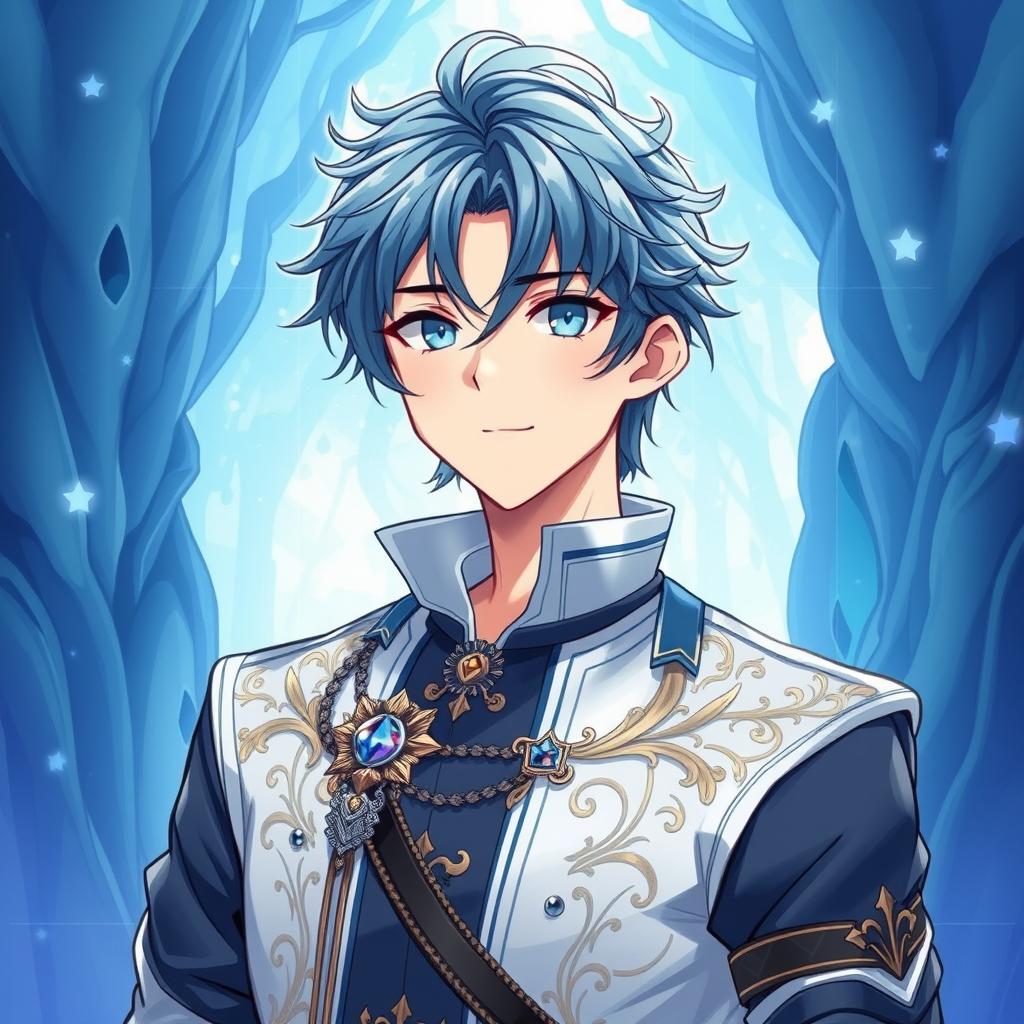 A fantasy anime illustration in the style of manhwa, showcasing a cool and charming young man with handsome features