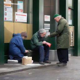 A scene depicting an Irish homeless person receiving welfare assistance at a post office.