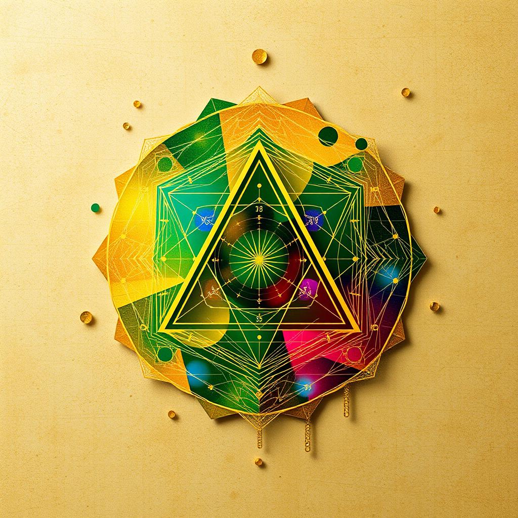 An abstract composition representing the theme of wealth and money, featuring intricate geometric patterns symbolizing mathematical codes and the golden ratio