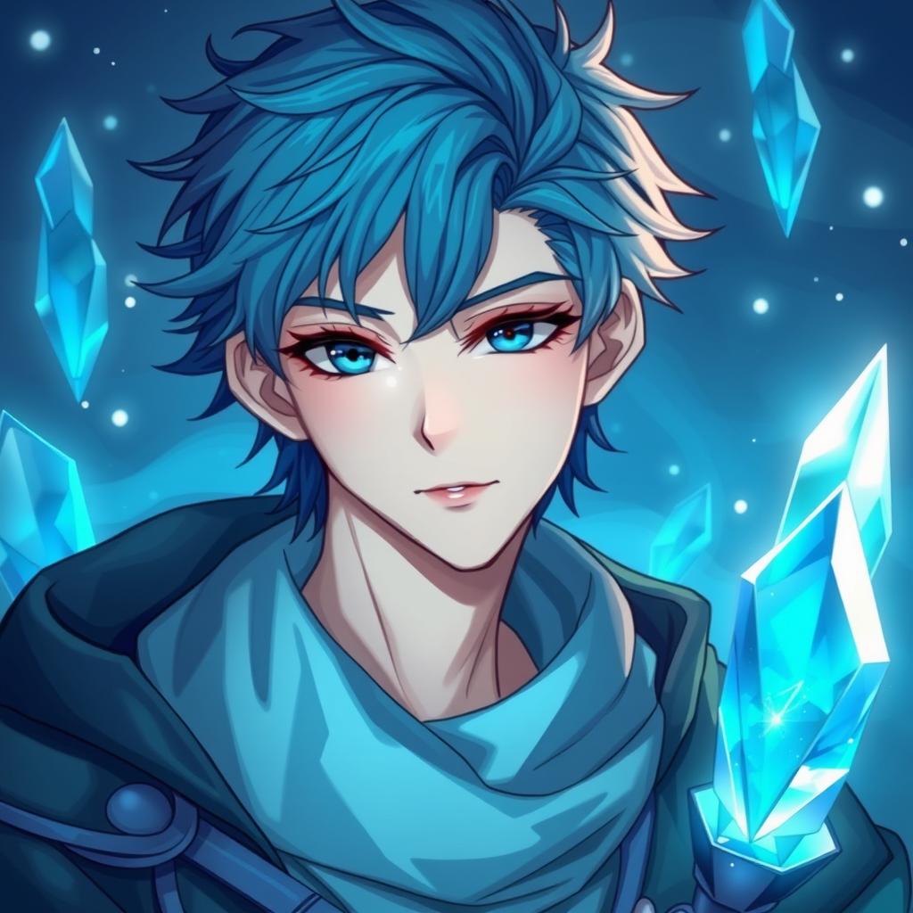 Anime fantasy style featuring a handsome, charming young man with a cool demeanor