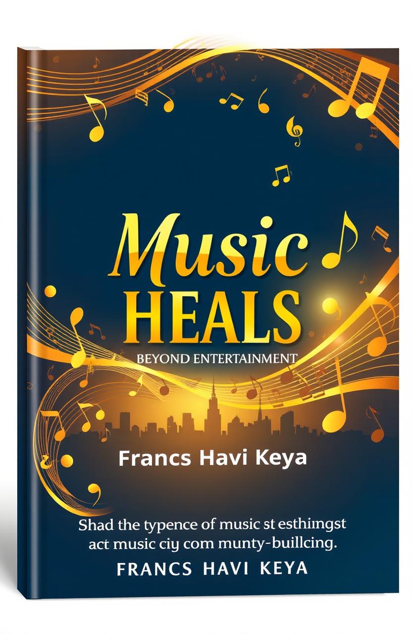 A captivating front book cover for a title "Music Heals Beyond Entertainment" by Francs Havi Keya, featuring a vibrant and inspiring design