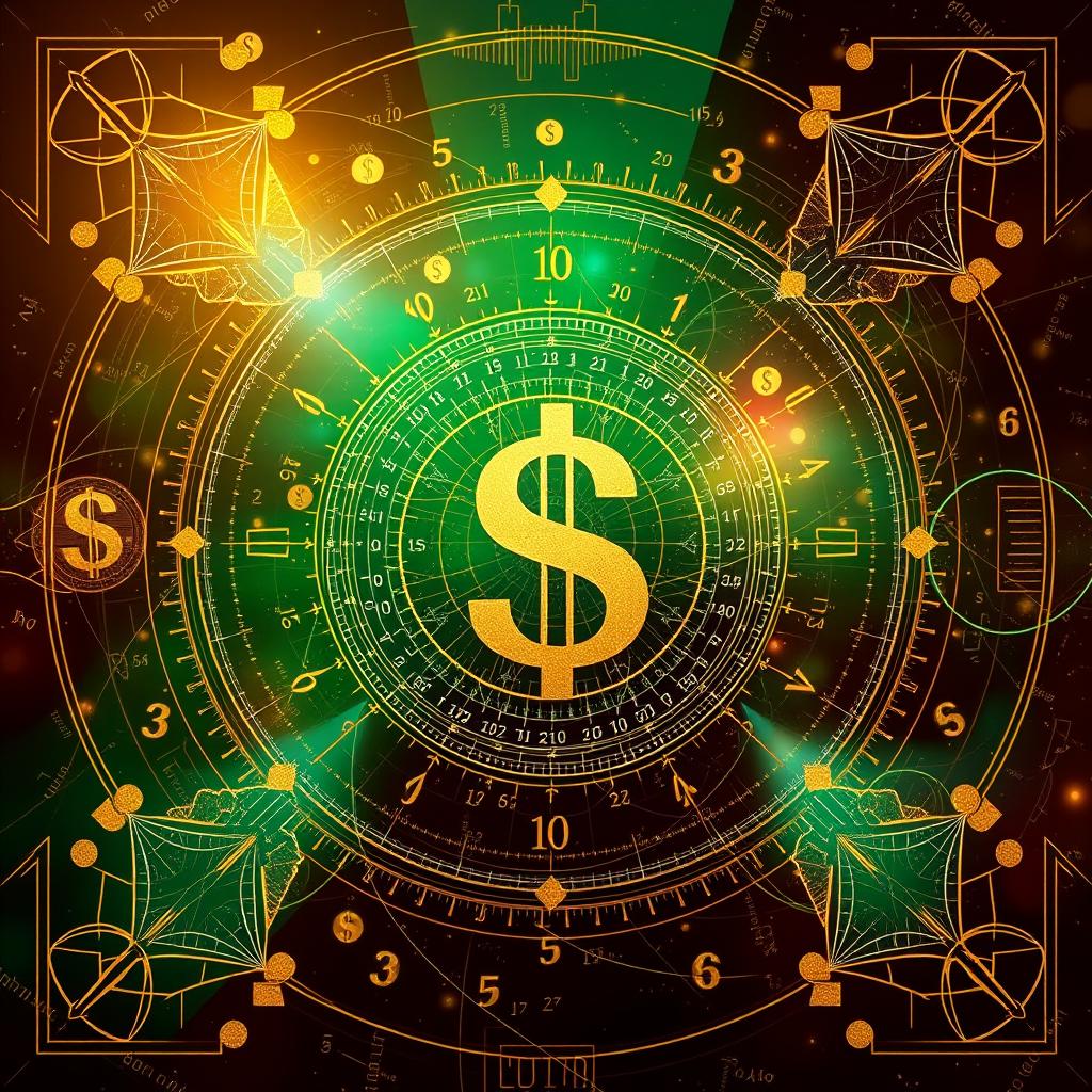 A visually striking artistic interpretation of money and numbers, centered on the themes of the Millionaire's Numerical Code and the secrets of wealth through the principles of the golden ratio