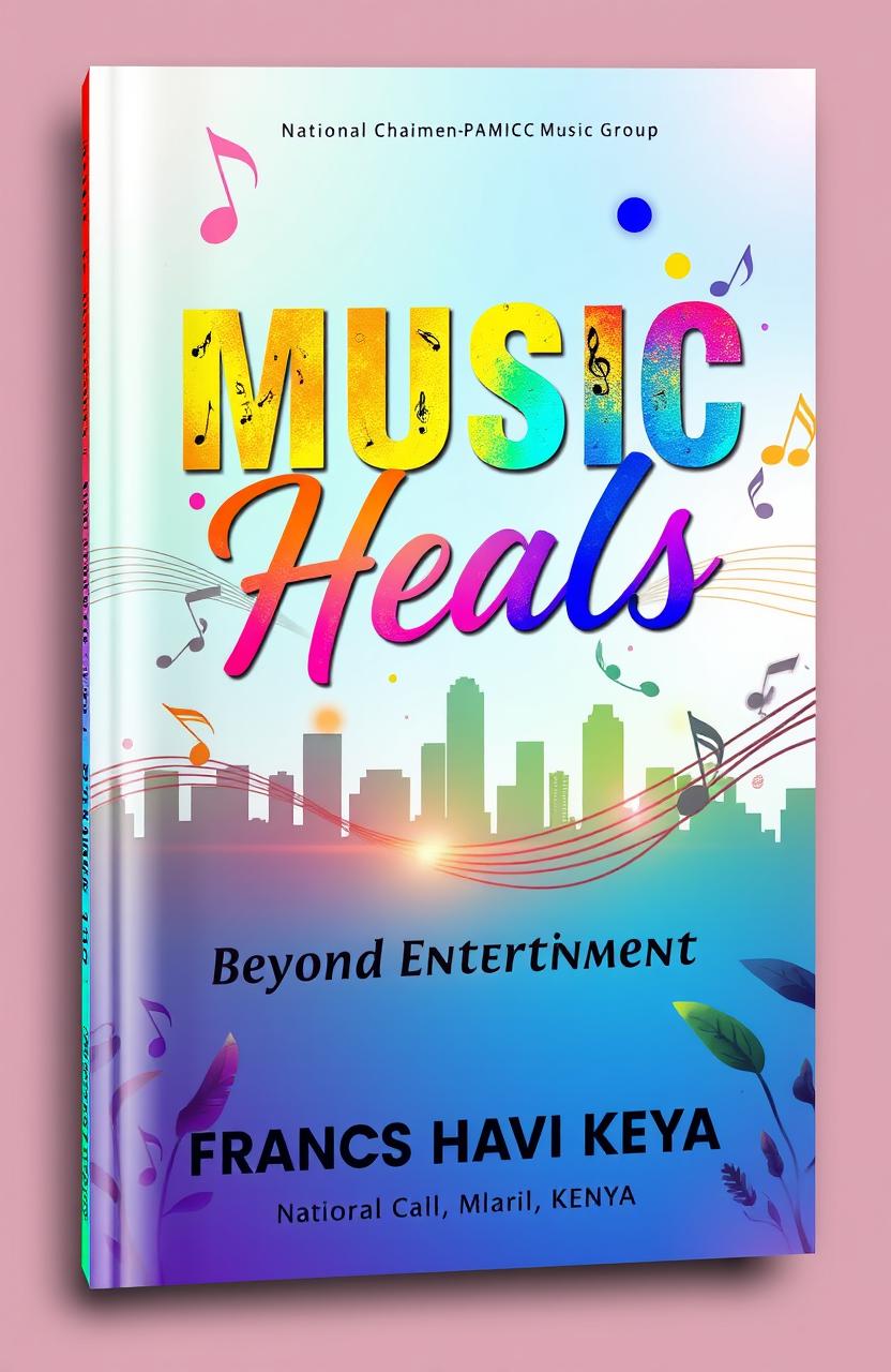 A captivating front book cover for "Music Heals: Beyond Entertainment" by Francs Havi Keya, featuring vibrant colors and dynamic musical elements
