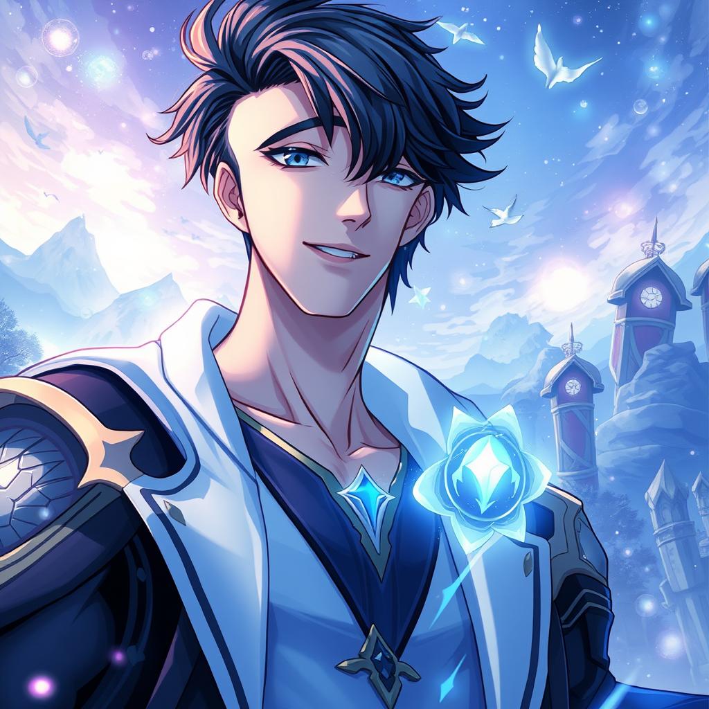 Anime style inspired by manhwa, depicting a tall, handsome young man with a cool and charming look, embodying the essence of fantasy