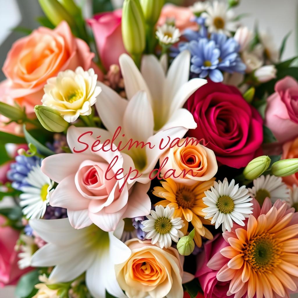 An elegant bouquet of flowers featuring a variety of blooms including roses, lilies, and daisies, arranged beautifully in a lush green setting