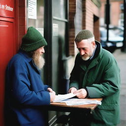 A scene depicting an Irish homeless person receiving welfare assistance at a post office.