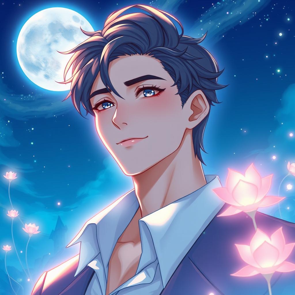 Anime style inspired by manhwa, showcasing a tall, handsome young man exuding charm and sophistication