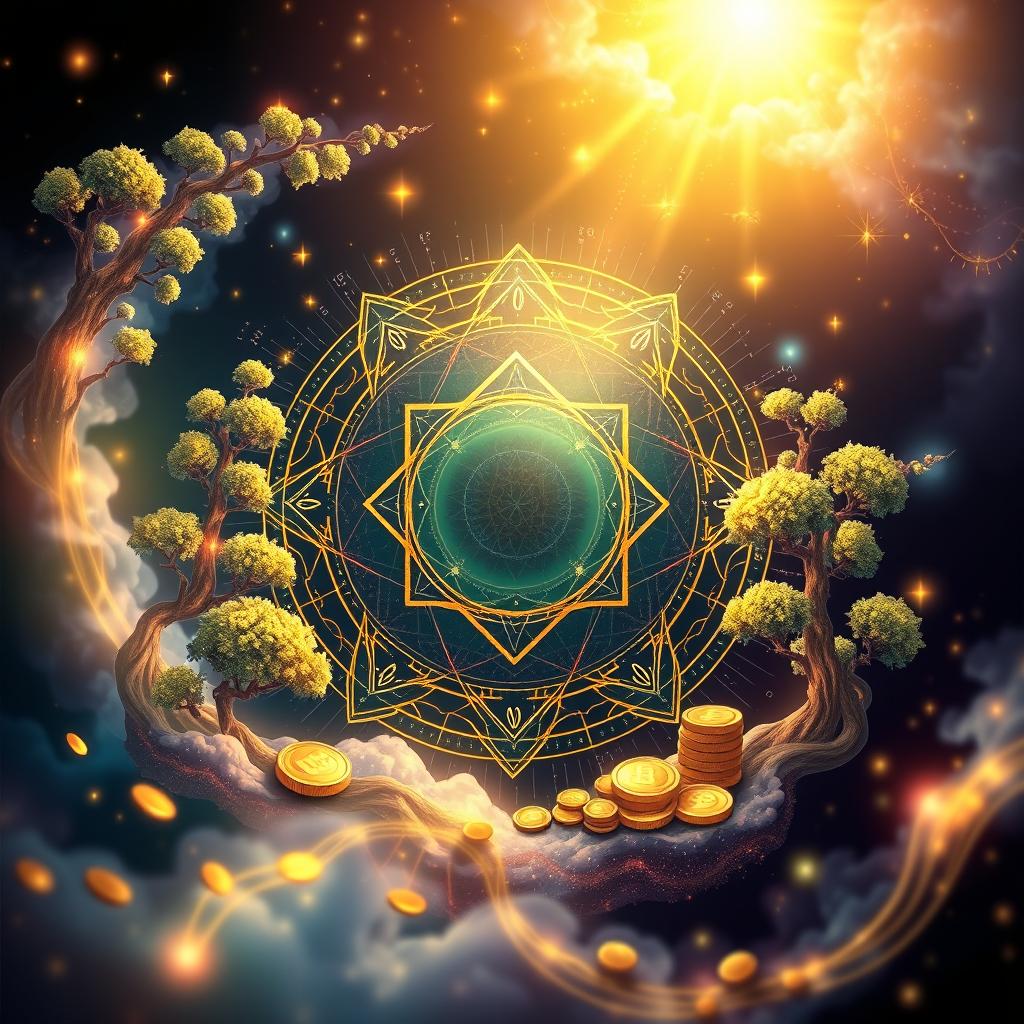 A visually captivating and mystical illustration representing the secrets of wealth and prosperity