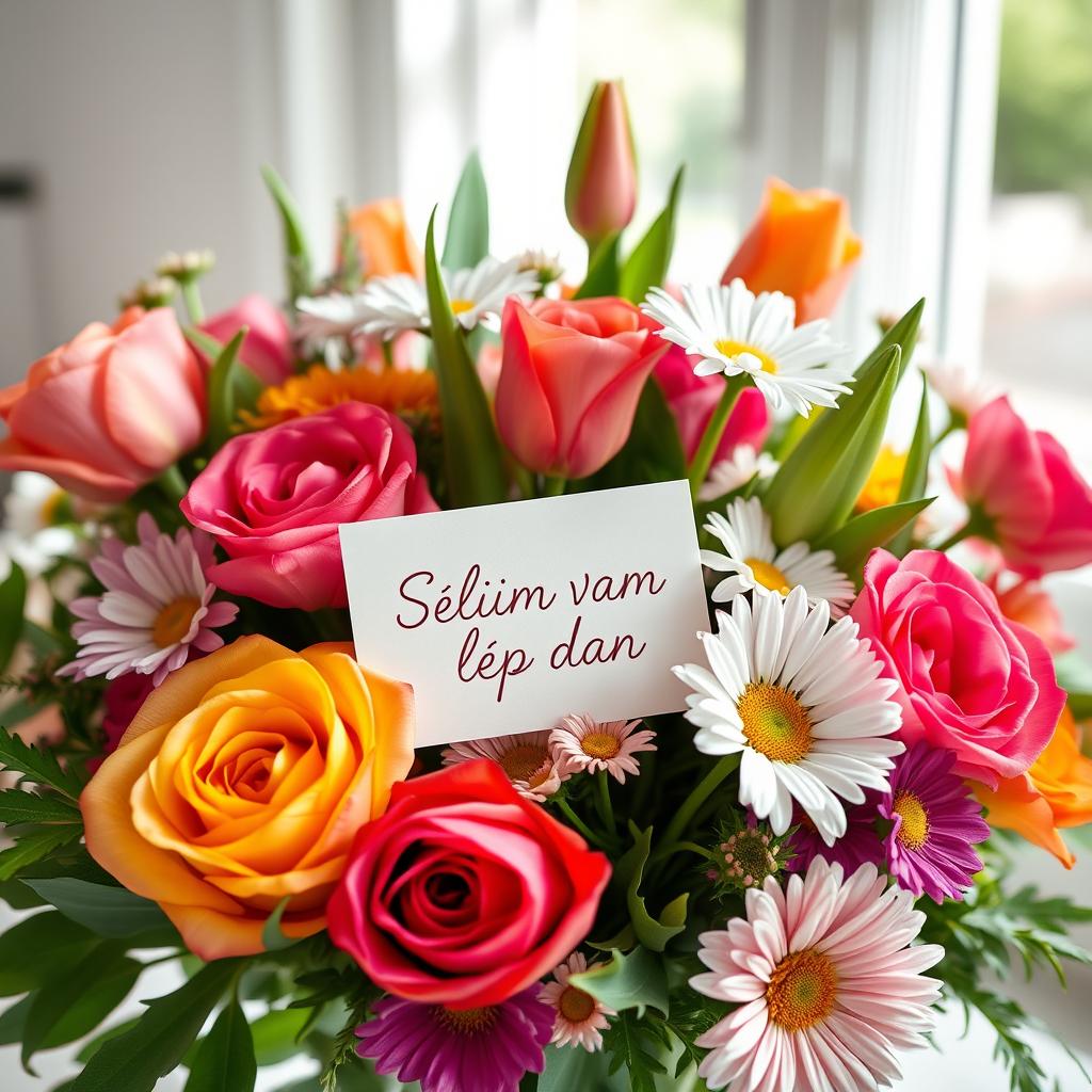 A beautiful bouquet of vibrant and diverse flowers, including roses, tulips, and daisies, arranged elegantly