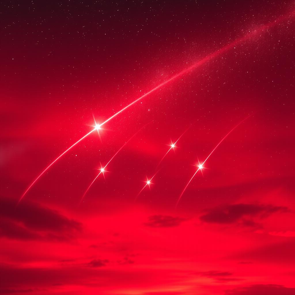 A breathtaking scene depicting a vibrant red sky filled with five bright shooting stars streaking across it