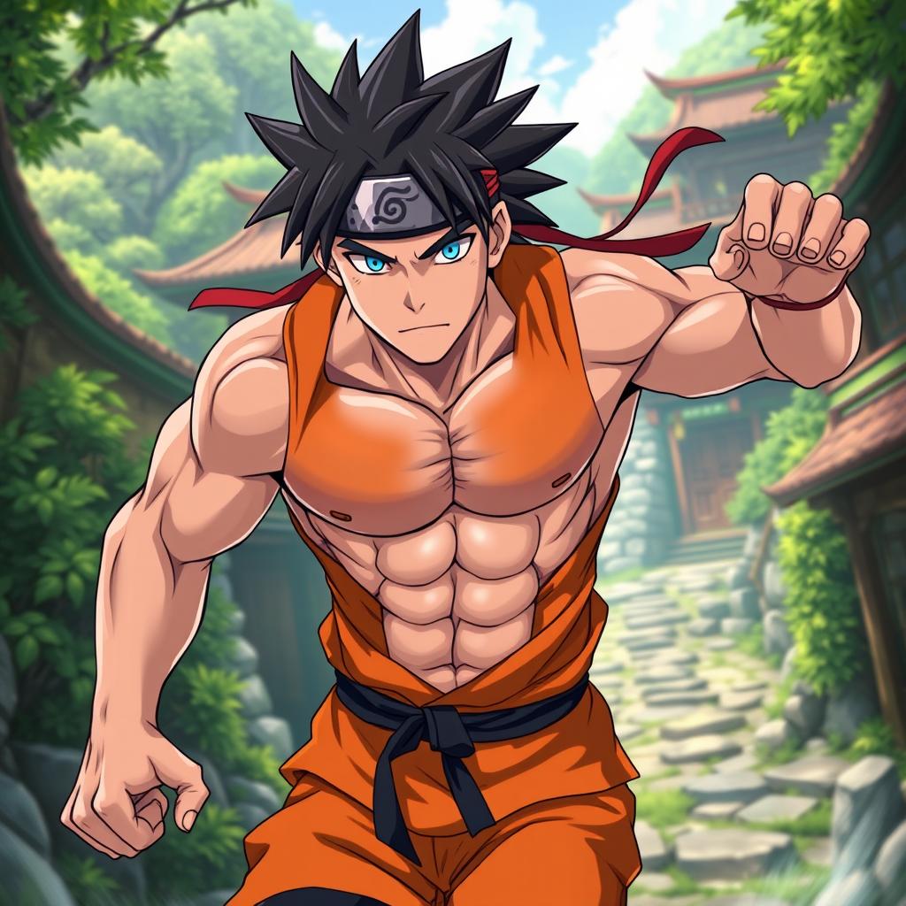 A muscular character inspired by anime, showcasing a prominent six-pack abdominal muscle definition