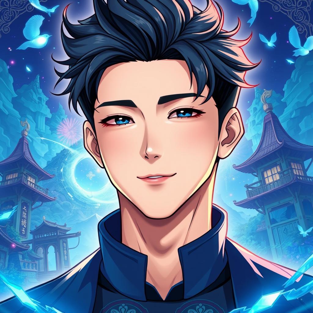 Anime style inspired by manhwa, featuring a tall and handsome young man with a cool, charismatic presence