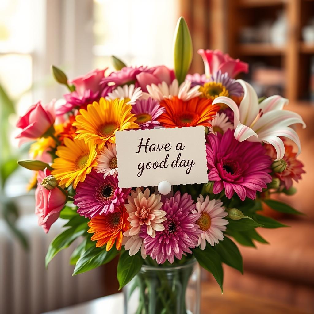 A beautiful bouquet of vibrant flowers, featuring a mix of roses, daisies, and lilies, arranged artfully in a glass vase