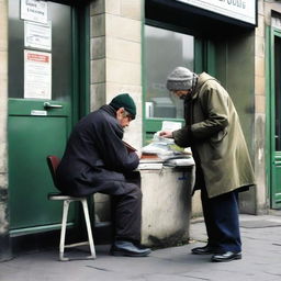 A scene depicting an Irish homeless person receiving welfare assistance at a post office.