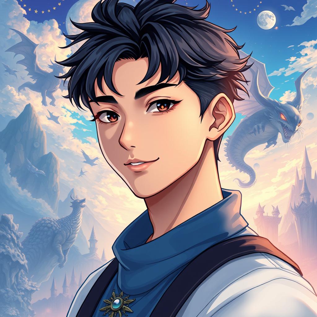 Anime style inspired by manhwa, featuring a tall and handsome young man in his teens, radiating charm and coolness