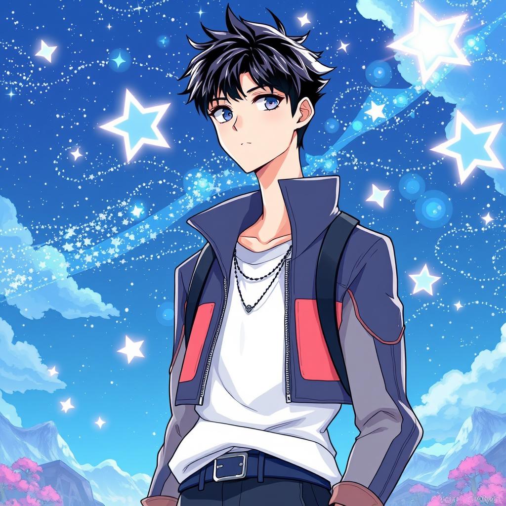 Anime style inspired by manhwa, featuring a tall and handsome young man in his teens, exuding charm and coolness