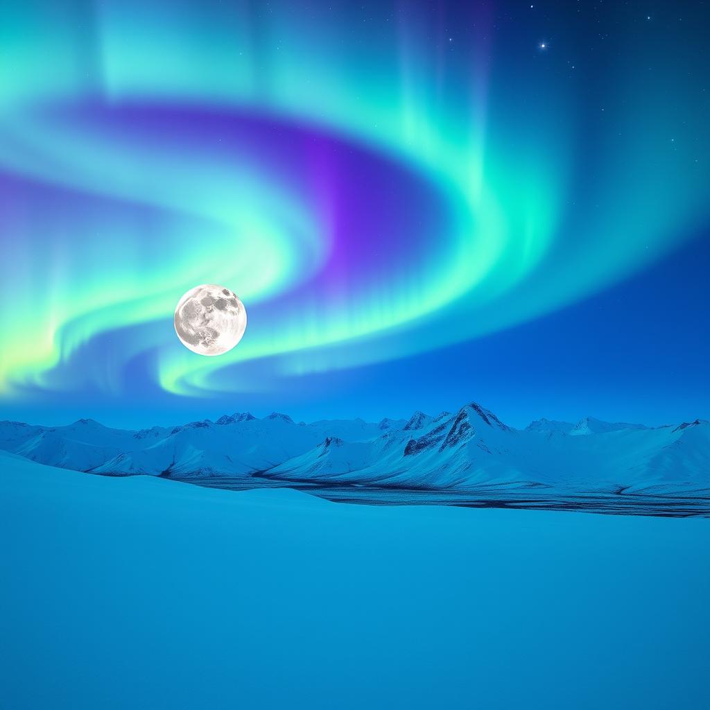 A breathtaking view of the Aurora Borealis lighting up the night sky with vivid green and purple hues, swirling gracefully over a snowy landscape