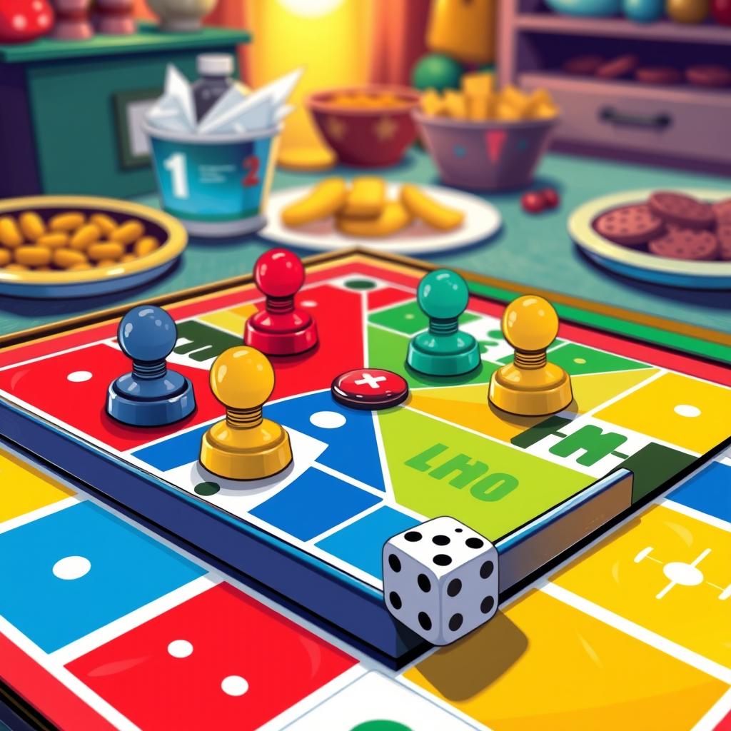 A vibrant and colorful illustration of a Ludo game board, featuring the classic design with large, boldly colored squares in red, blue, green, and yellow