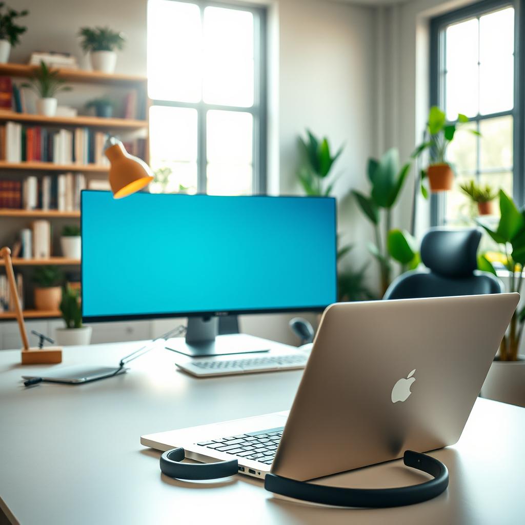 A modern workspace featuring a laptop, a pair of stylish headphones, and a full professional atmosphere