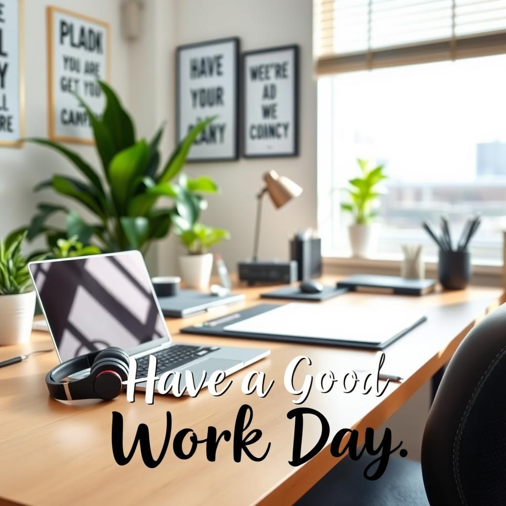 A cozy work environment with a modern laptop on a stylish desk, a comfortable headset resting next to it, and various office supplies arranged neatly