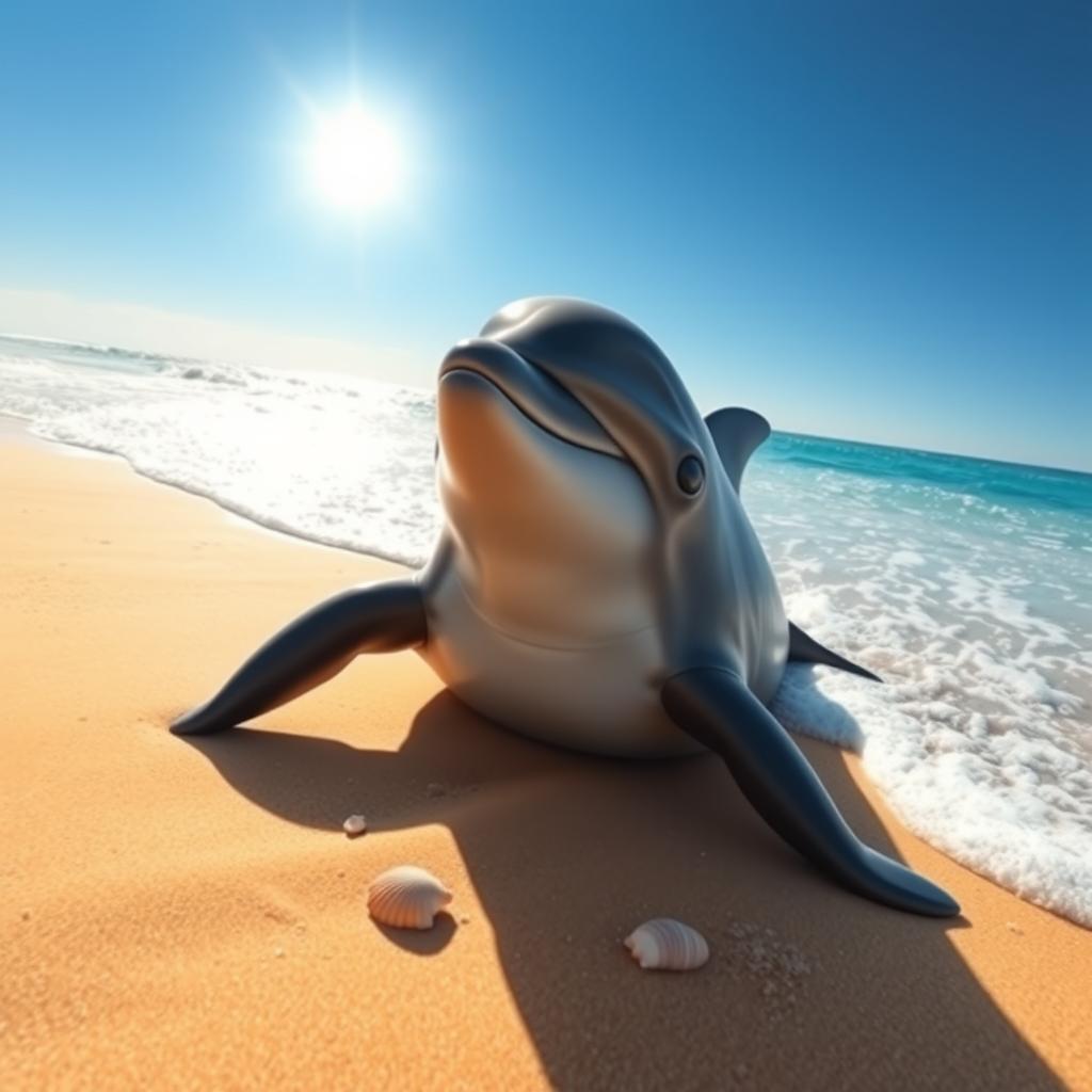 A dolphin with human-like black hands and feet lying on its stomach on a beach
