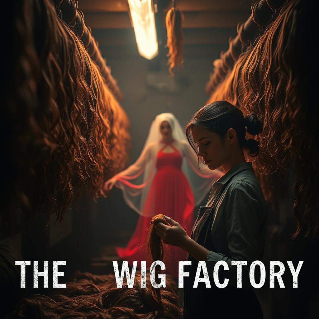 A haunting scene depicting a woman working at a wig factory, surrounded by an array of wigs hanging ominously from the ceiling