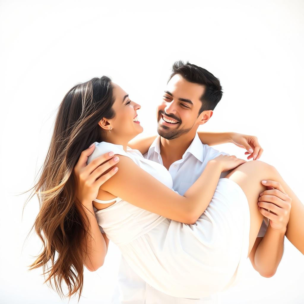A scene capturing a man gently holding a woman in his arms, both figures appearing joyful and playful