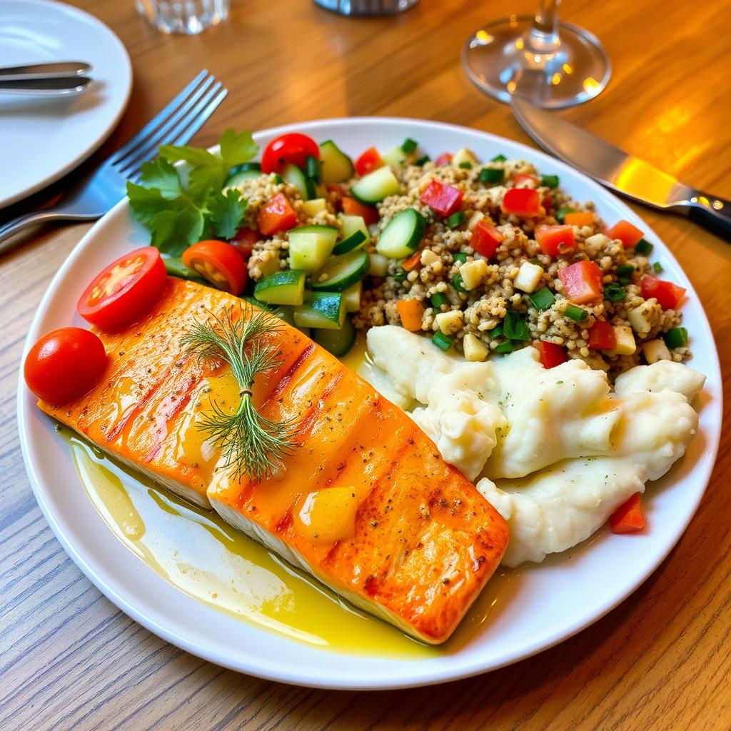 A beautifully arranged gourmet plate featuring a variety of colorful dishes