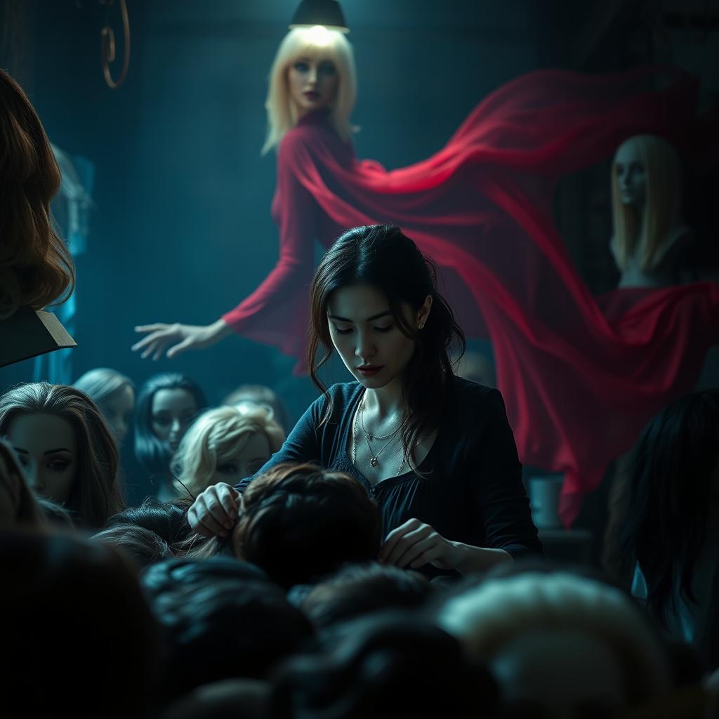 A chilling horror-themed image featuring a woman working in a wig factory, surrounded by various wig hairstyles