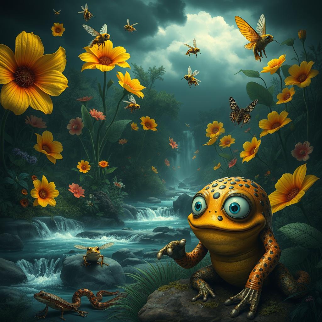 A magical and mysterious forest filled with giant, colorful flowers towering high above the ground