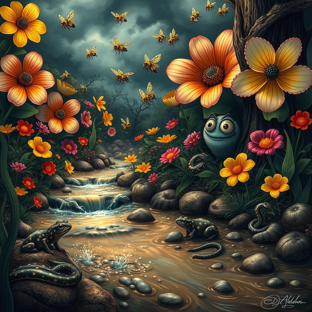 A magical and mysterious forest scene featuring giant, vibrant flowers in various colors, enormous friendly humming bees buzzing joyfully around