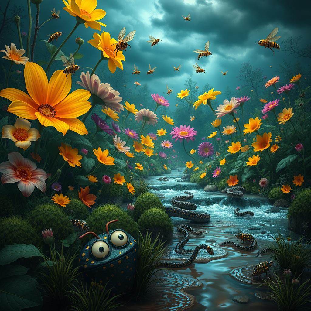 A magical and mysterious forest filled with giant, vibrant flowers of various colors, towering above the landscape