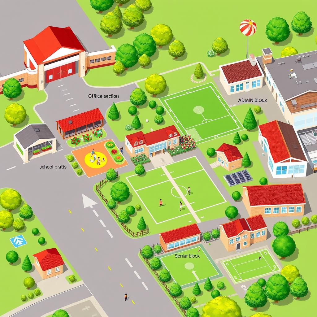 A detailed and vibrant illustration of a school layout, depicting landmarks in a chronological order from the main entrance gate leading into a clearly organized school environment