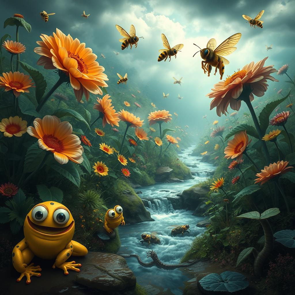 A magical, mysterious forest filled with giant, colorful flowers that tower over the landscape