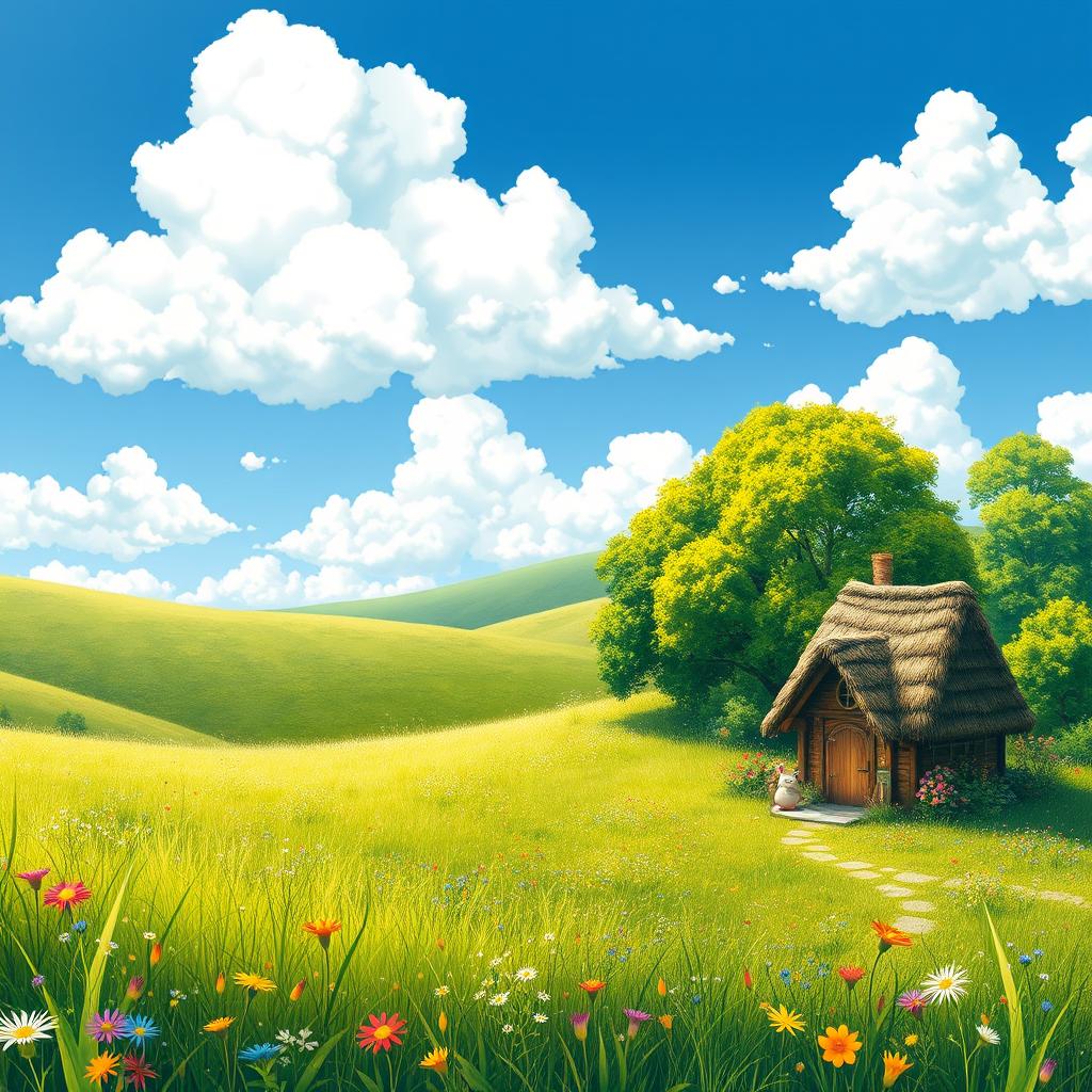 A whimsical and enchanting landscape scene inspired by Studio Ghibli, featuring a lush green meadow under a bright blue sky filled with fluffy white clouds