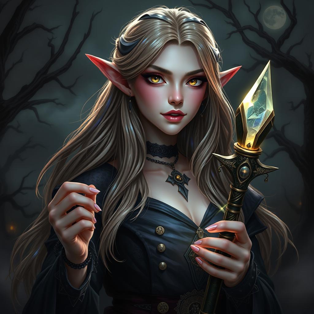 A captivating portrait of a female eladrin warlock, with delicate, pointed ears and vibrant, otherworldly features