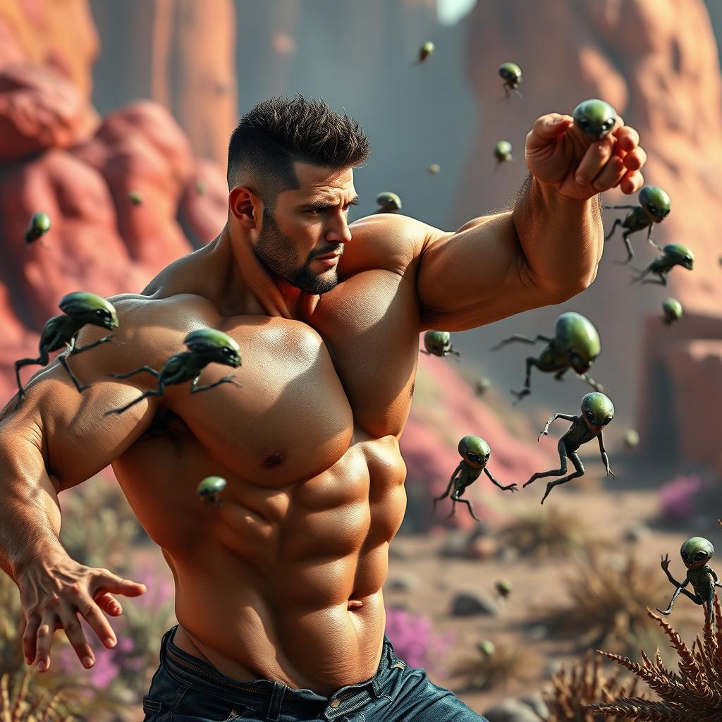 A hot muscle-bound man engaged in a dramatic battle against tiny aliens, showcasing his impressive physique and strength