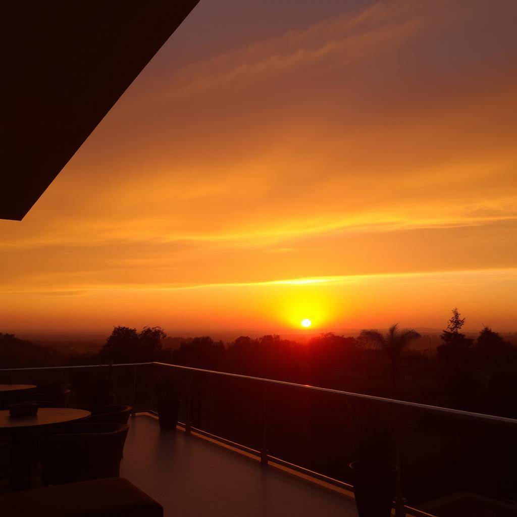 A breathtaking sunset view from a terrace, showcasing a vibrant sky filled with warm yellowish light at the top transitioning into soft light brown hues below