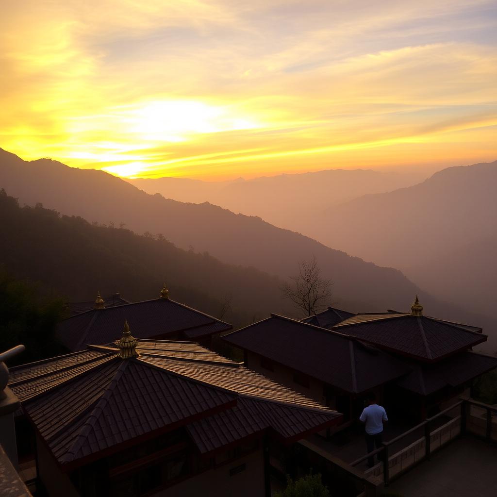 A breathtaking sunset view from a terrace in Nepal, showcasing a vibrant sky filled with yellowish light at the top transitioning to soft light brown hues below, casting a warm glow over the landscape